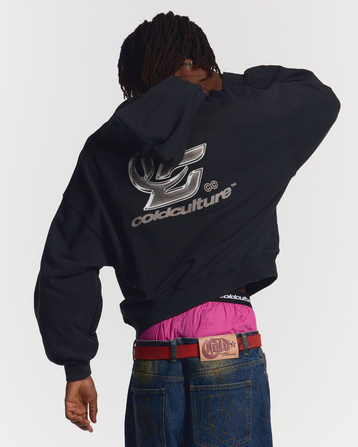 HYPERCHROME HOODIE BLACK - black oversized hoodie, back view on male model - Cold Culture #man