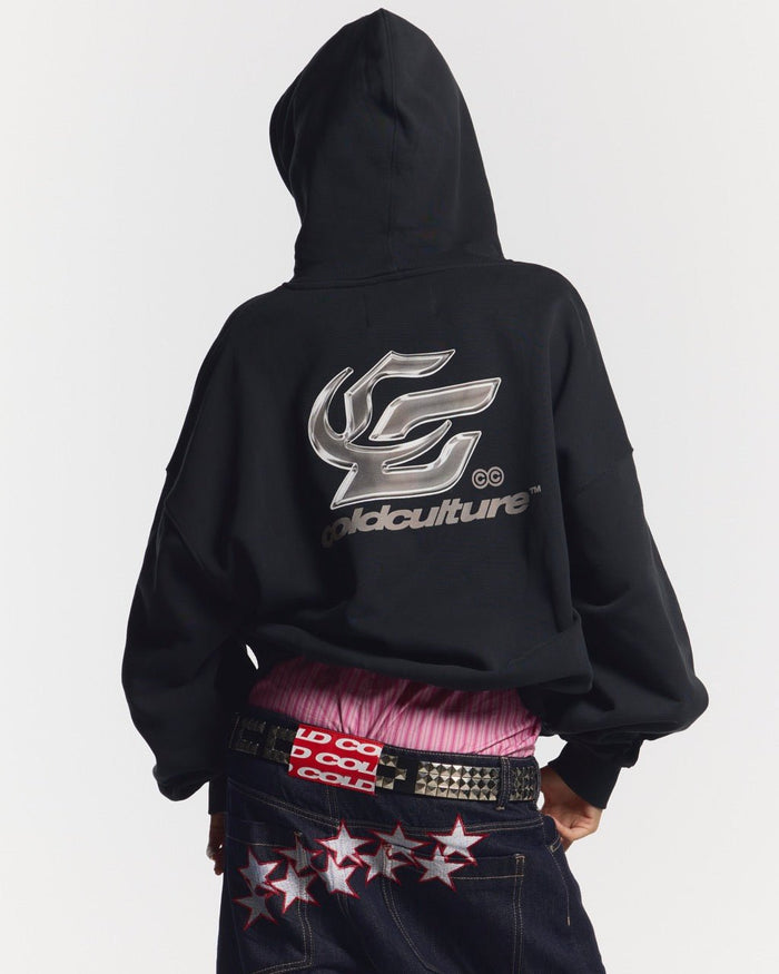 HYPERCHROME HOODIE BLACK - black oversized hoodie, back view on female model - Cold Culture #woman