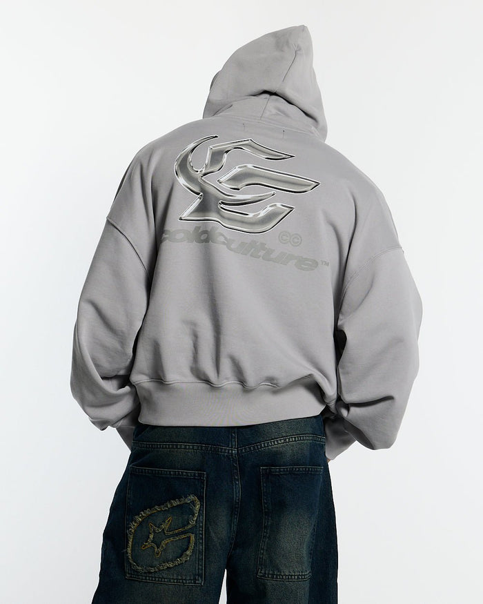 HYPERCHROME HOODIE PEARL GREY - pearl grey graphic print hoodie, back view on male model - Cold Culture #man