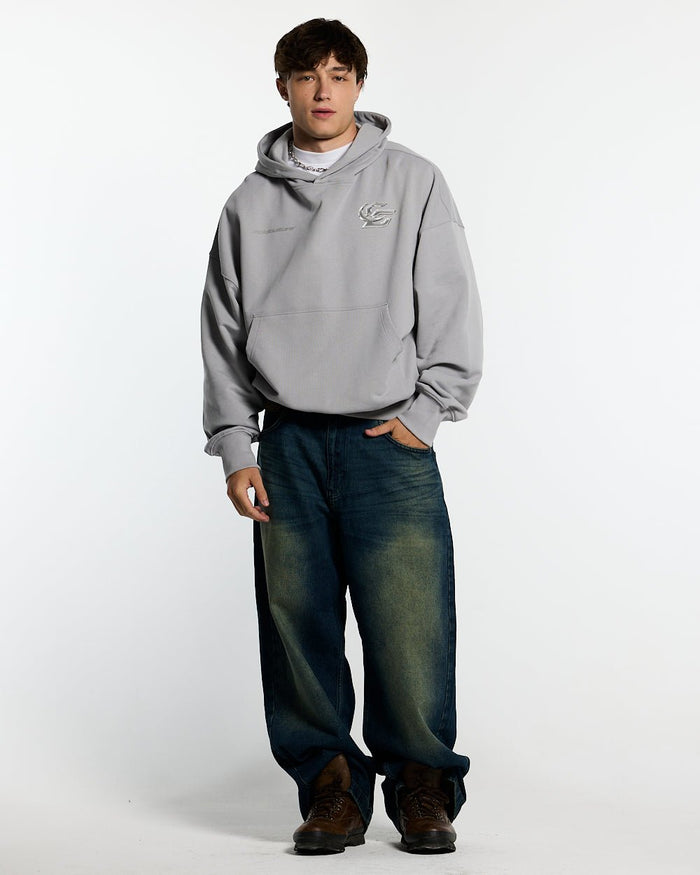 HYPERCHROME HOODIE PEARL GREY - pearl grey graphic print hoodie, front view on male model - Cold Culture #man