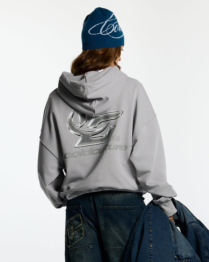 HYPERCHROME HOODIE PEARL GREY - pearl grey graphic print hoodie, back view on female model - Cold Culture #woman
