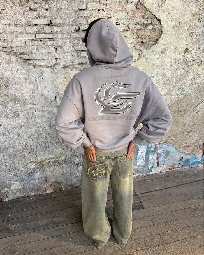 HYPERCHROME HOODIE PEARL GREY - pearl grey graphic print hoodie, street style shot - Cold Culture