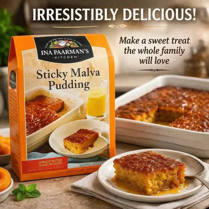 Ina Paarman's Sticky Malva Pudding 500g with apricot butter glaze and moist spongy texture