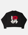 KISSES AND DOLLAR KNIT BLACK - black graphic print knit sweater, front view - Cold Culture