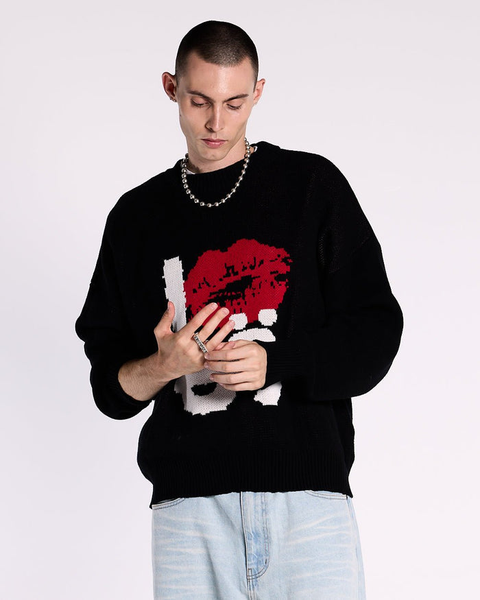 KISSES AND DOLLAR KNIT BLACK - black graphic print knit sweater, front view on male model - Cold Culture #man