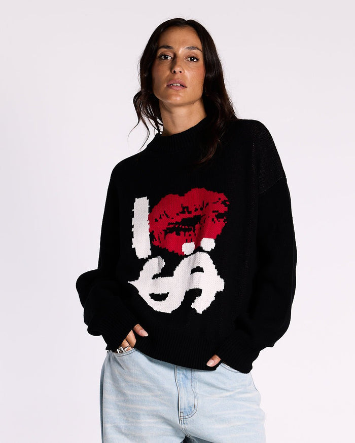 KISSES AND DOLLAR KNIT BLACK - black graphic print knit sweater, front view on female model - Cold Culture #woman