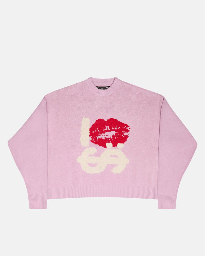 KISSES AND DOLLAR KNIT PINK - pink graphic print knit sweater, front view - Cold Culture