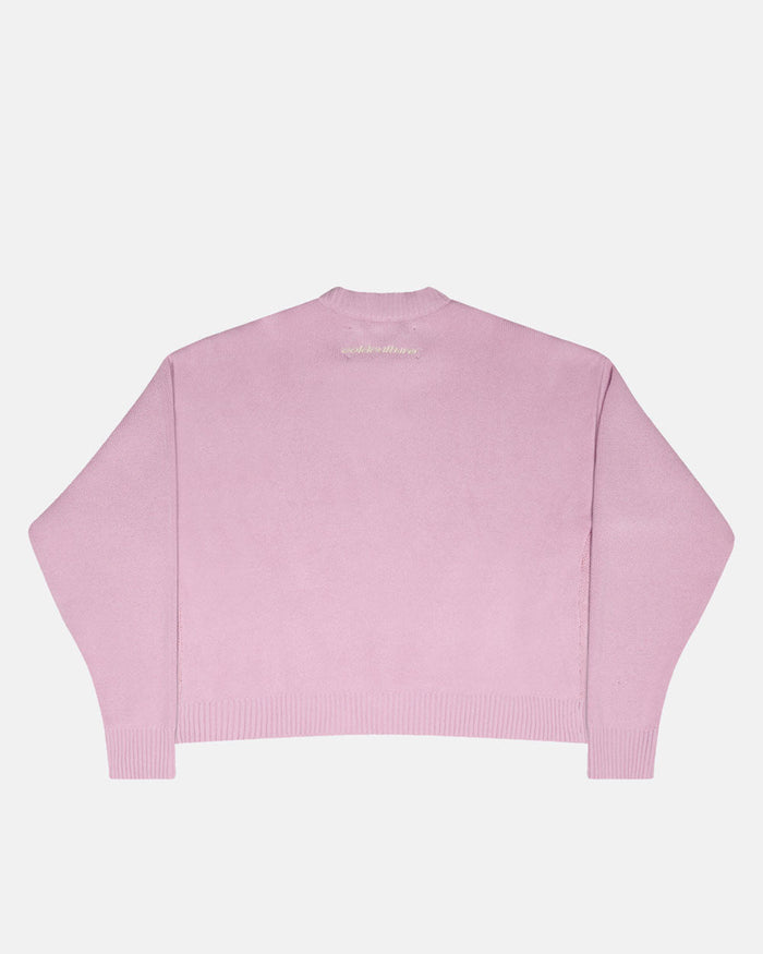 KISSES AND DOLLAR KNIT PINK - pink graphic print knit sweater, back view - Cold Culture