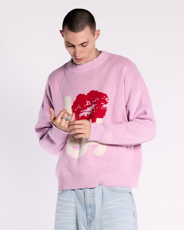 KISSES AND DOLLAR KNIT PINK - pink graphic print knit sweater, front view on male model - Cold Culture #man
