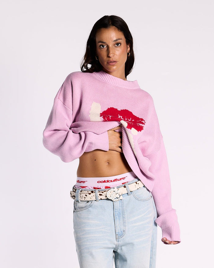 KISSES AND DOLLAR KNIT PINK - pink graphic print knit sweater, front view on female model - Cold Culture #woman