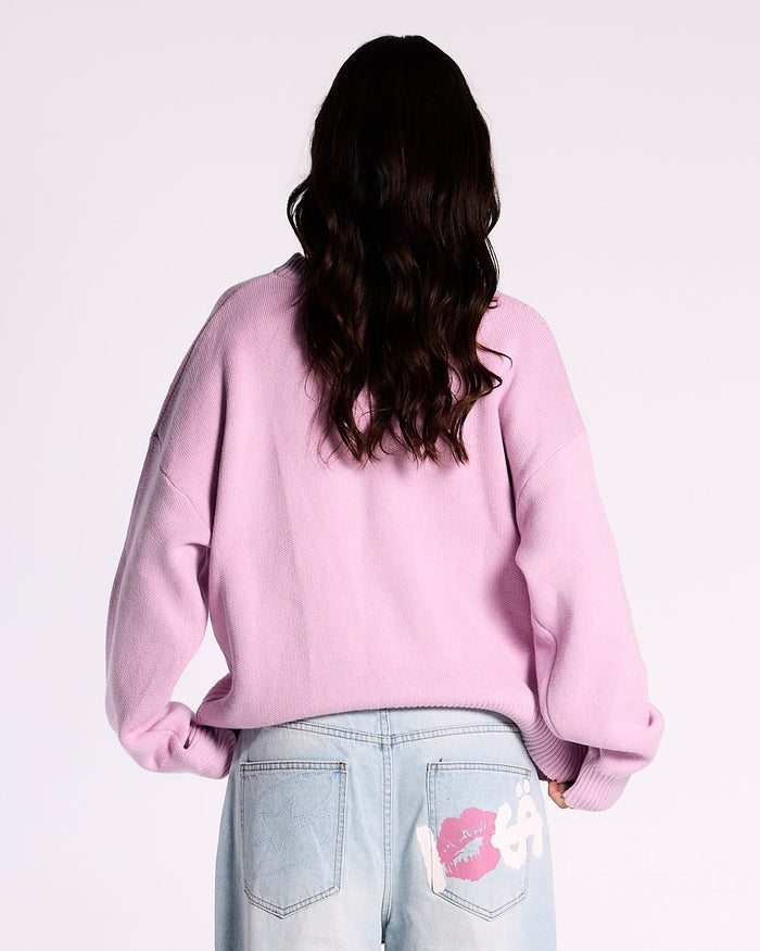KISSES AND DOLLAR KNIT PINK - pink graphic print knit sweater, back view on female model - Cold Culture #woman