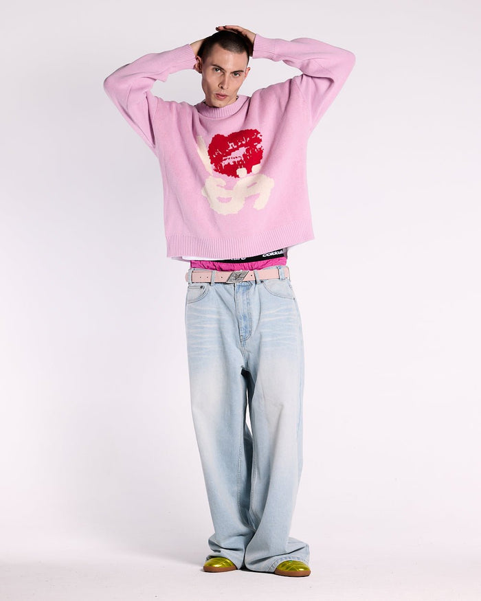 KISSES AND DOLLAR KNIT PINK - pink graphic print knit sweater, front view on male model - Cold Culture #man