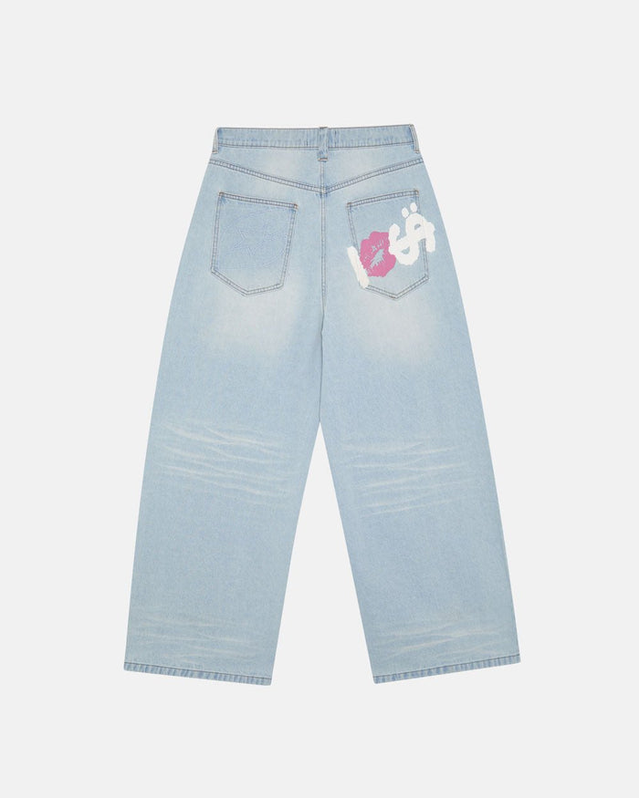 KISSES AND DOLLARS PANTS BLUE DENIM - light blue baggy denim pants, back view - Cold Culture