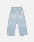 KISSES AND DOLLARS PANTS BLUE DENIM - light blue baggy denim pants, back view - Cold Culture