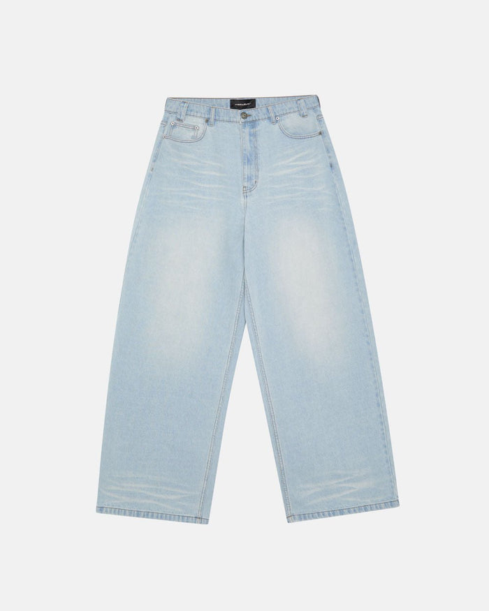 KISSES AND DOLLARS PANTS BLUE DENIM - light blue baggy denim pants, front view - Cold Culture