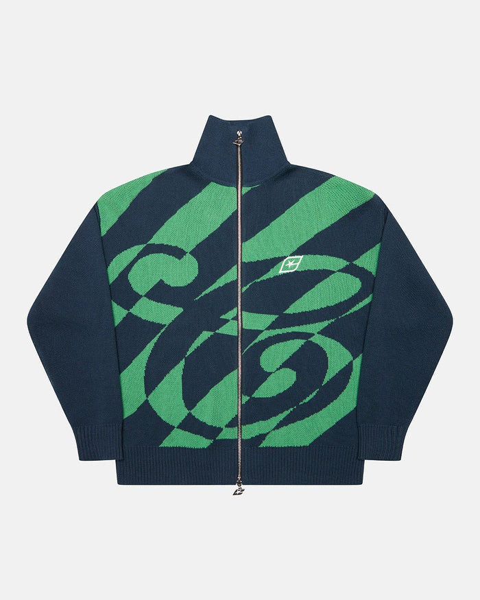 LINES FUSION KNIT GREEN & BLUE - green and navy striped knit sweater, front view - Cold Culture