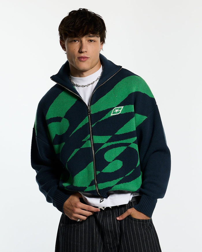 LINES FUSION KNIT GREEN & BLUE - green and navy striped knit sweater, front view on male model - Cold Culture #man