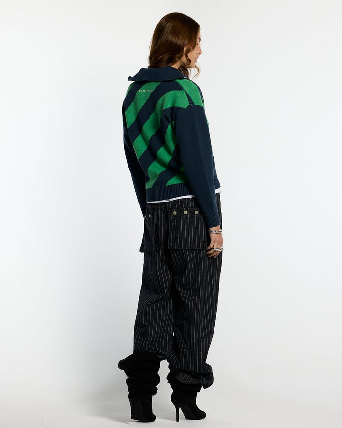 LINES FUSION KNIT GREEN & BLUE - green and navy striped knit sweater, back view on female model - Cold Culture #woman