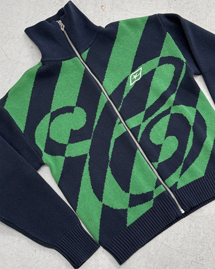 LINES FUSION KNIT GREEN & BLUE - green and navy striped knit sweater, flat lay - Cold Culture