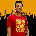Man wearing a red 'Supersonic Yoga' t-shirt with a yellow text against a yellow and black silhouette background.