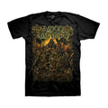 Black t-shirt by Amon Amarth with their name in stylized yellow text above an intricate depiction of Viking warriors engaged in a dark, fiery battle scene.