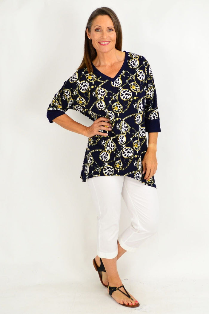 Gold and blue Lyra Chain Tunic by Stylius, featuring a stylish, flowing design with intricate chain detailing.