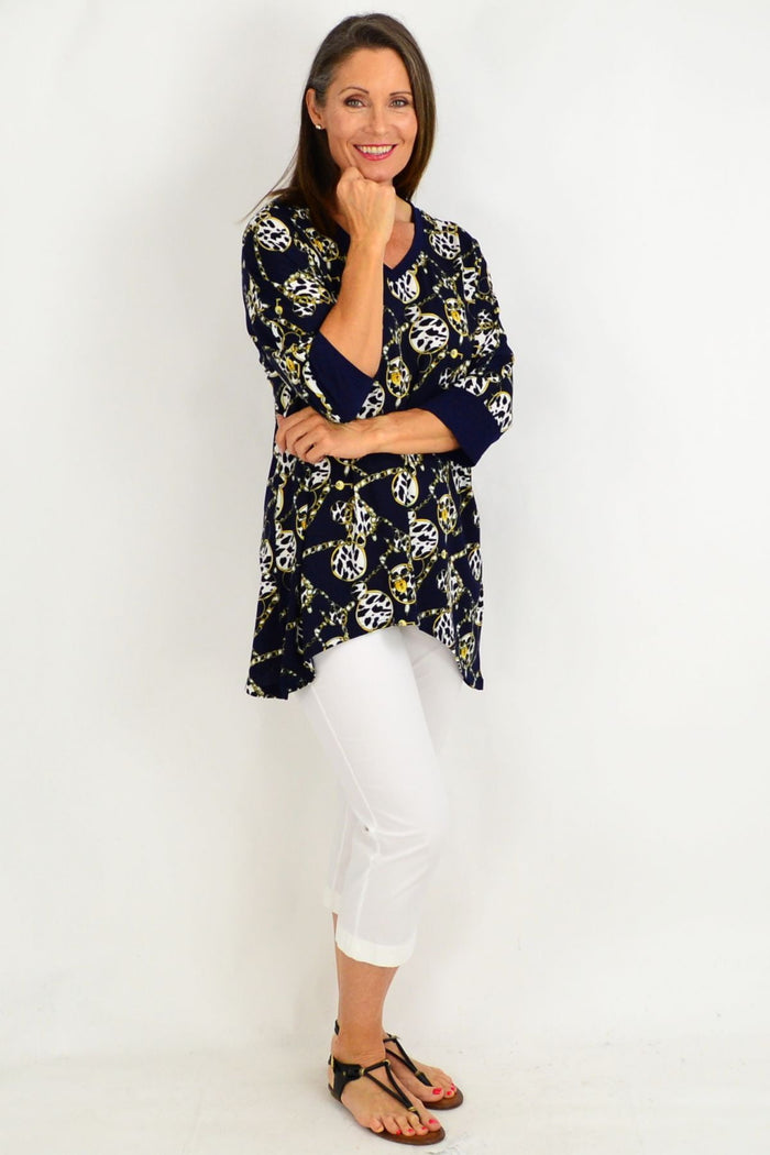 Stylish gold and blue Lyra Chain Tunic by Stylius, featuring a lightweight, flowy top with chain detailing and a relaxed fit.