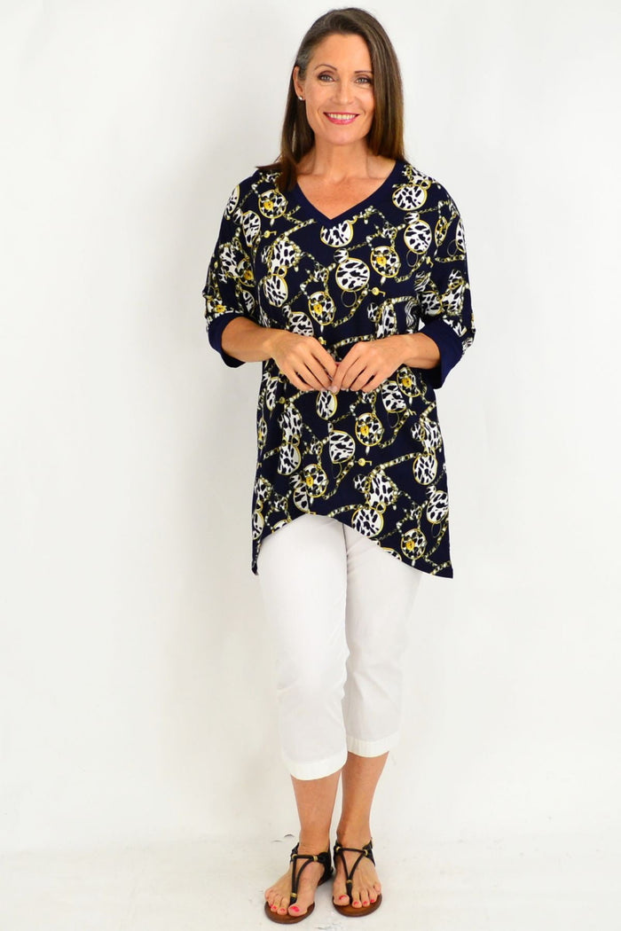 Stylus Lyra Chain Tunic in gold and blue, lightweight and stylish top with chain details, perfect for casual or dressy wear.
