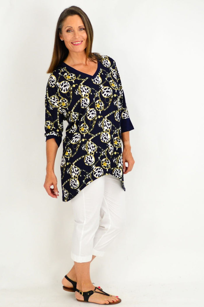 Gold and blue Stylius Lyra Chain Tunic top with intricate design, shown in a stylish tunic image.