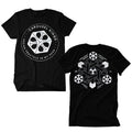 Black t-shirt by Carousel Kings with Carousel Kings and Seeing Fractals in My Head around a circular fractal on the front; complex geometric pattern, text, and cube shapes on the back.