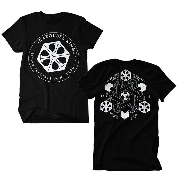 Black t-shirt by Carousel Kings with Carousel Kings and Seeing Fractals in My Head around a circular fractal on the front; complex geometric pattern, text, and cube shapes on the back.