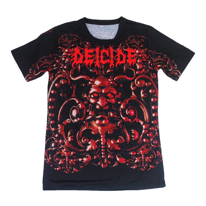 A black Deicide T-shirt with bold red “DEICIDE” lettering at the top and an intricate dark red demonic face design with swirling patterns on the front.