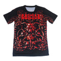 A black Deicide T-shirt with bold red “DEICIDE” lettering at the top and an intricate dark red demonic face design with swirling patterns on the front.