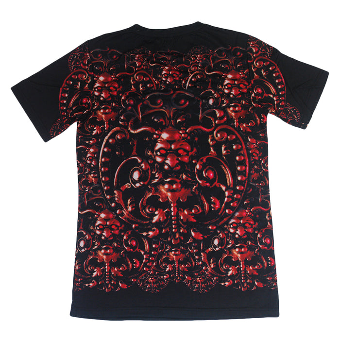 A black Deicide T-shirt with an intricate, symmetrical red and dark maroon baroque-style pattern featuring swirling and ornate details on the back.
