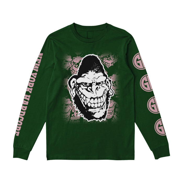 Dark green long-sleeve Gorilla Biscuits shirt with a large cartoon gorilla face and mohawk on the front, pink NEW YORK HARDCORE text along one sleeve, and repeating G logos down the other sleeve.