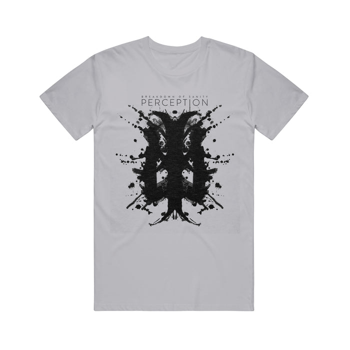 Light gray Breakdown Of Sanity t-shirt with a bold, symmetrical black inkblot centered on the chest, PERCEPTION text overlay, and smaller lettering above near the neckline.