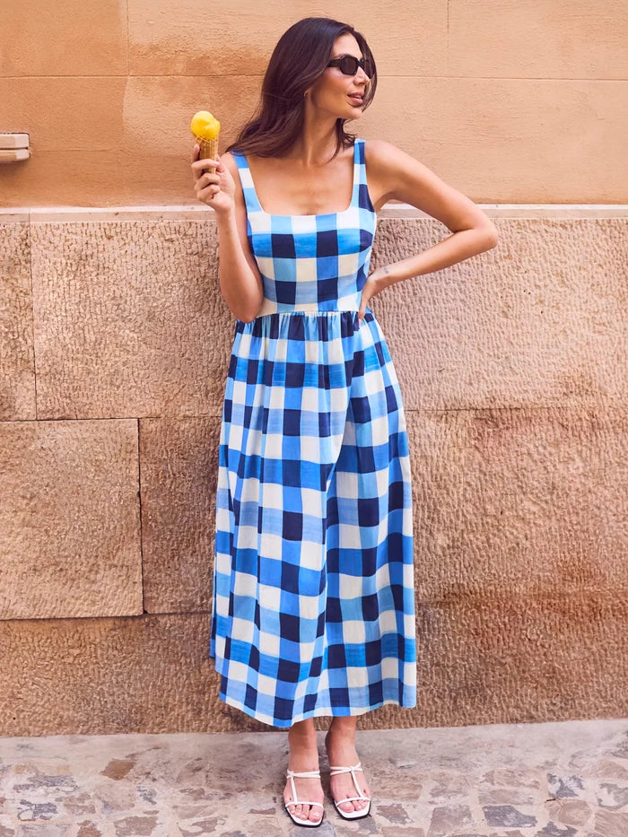 Petite Raya Blue Check Square Neck Dress