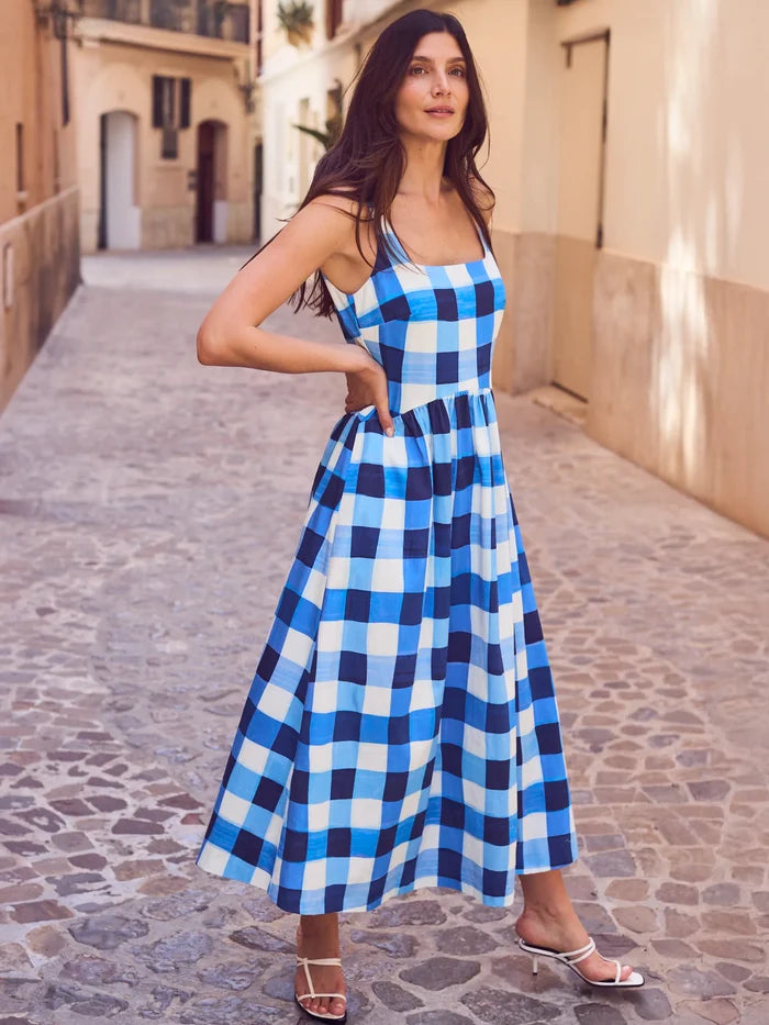 Petite Raya Blue Check Square Neck Dress