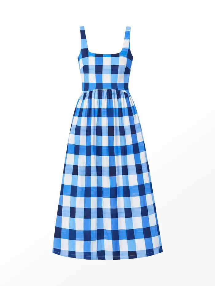 Raya Blue Gingham Square Neck Dress