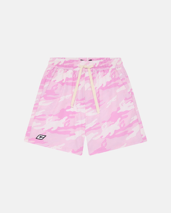 PINK CAMO SWIM SHORT - pink camo swim shorts, front view - Cold Culture