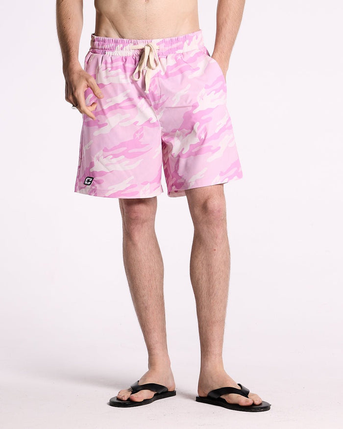 PINK CAMO SWIM SHORT - pink camo swim shorts, front view on male model - Cold Culture