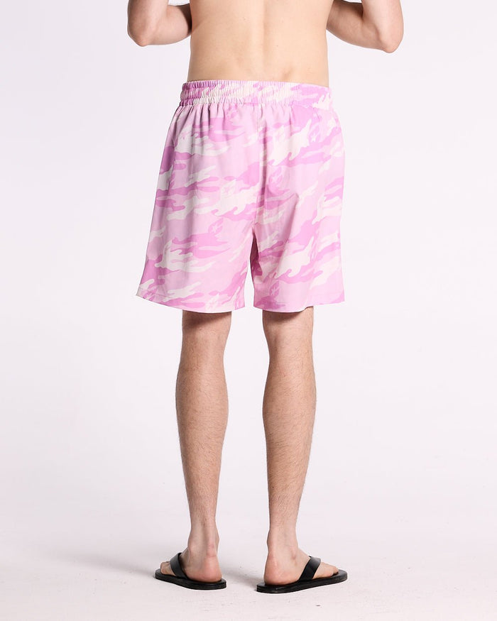 PINK CAMO SWIM SHORT - pink camo swim shorts, back view on male model - Cold Culture