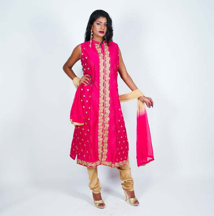 Pink with Gold Embroidery Silk Salwar Kameez