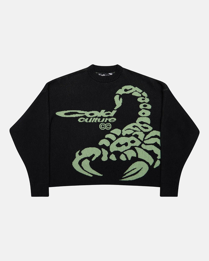 POISON KNIT BLACK AND GREEN - black graphic print knit sweater, front view - Cold Culture