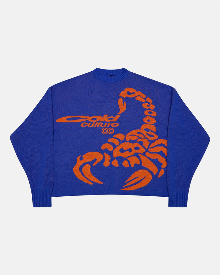 POISON KNIT BLUE AND ORANGE - blue graphic print knit sweater, front view - Cold Culture