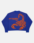 POISON KNIT BLUE AND ORANGE - blue graphic print knit sweater, front view - Cold Culture
