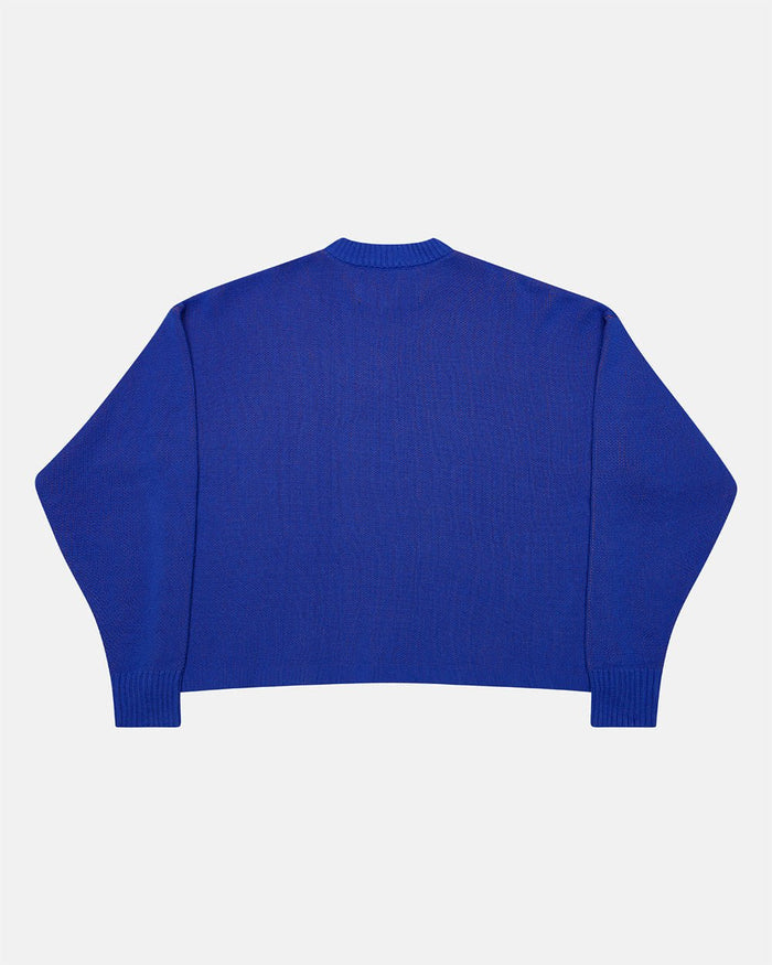 POISON KNIT BLUE AND ORANGE - blue graphic print knit sweater, back view - Cold Culture