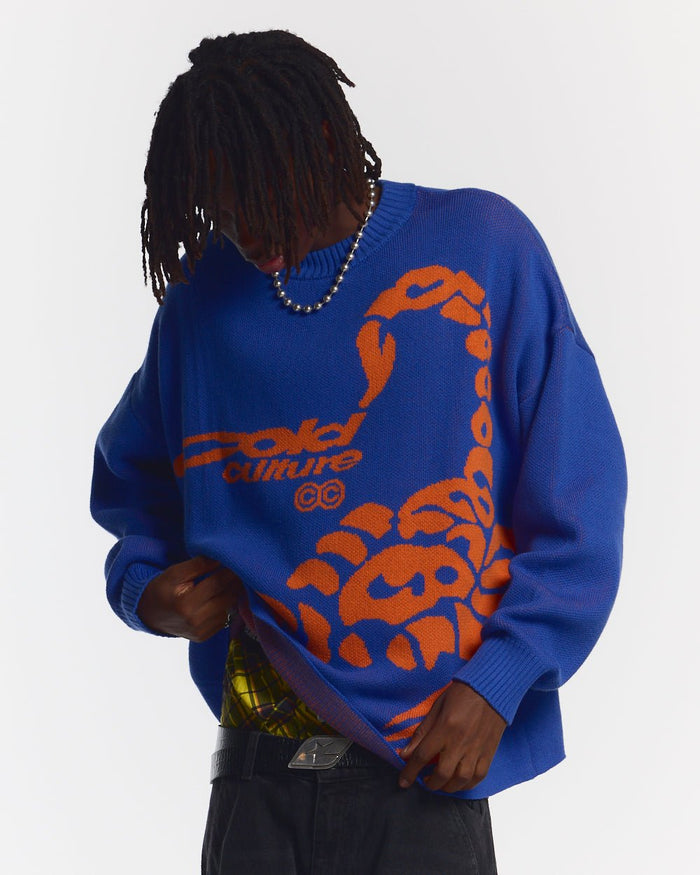 POISON KNIT BLUE AND ORANGE - blue graphic print knit sweater, front view on male model - Cold Culture #man