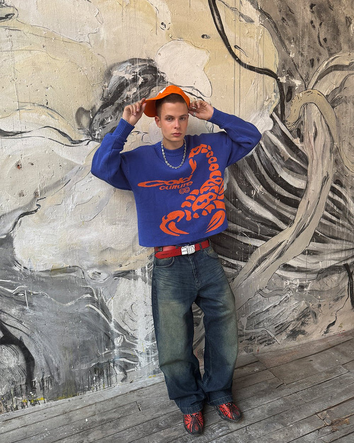 POISON KNIT BLUE AND ORANGE - blue graphic print knit sweater, street style shot - Cold Culture