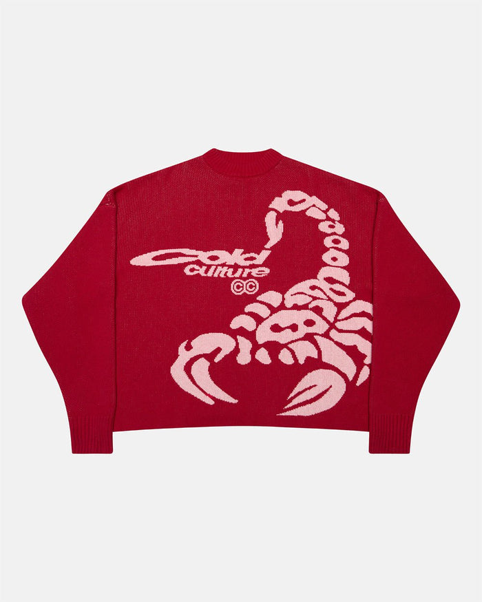 POISON KNIT RED AND SALMON - red graphic print knit sweater, front view - Cold Culture